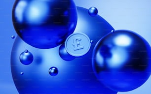 Un grupo de bolas azules con un signo de libra en ellas