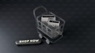 a shopping cart with a shopping bag next to it