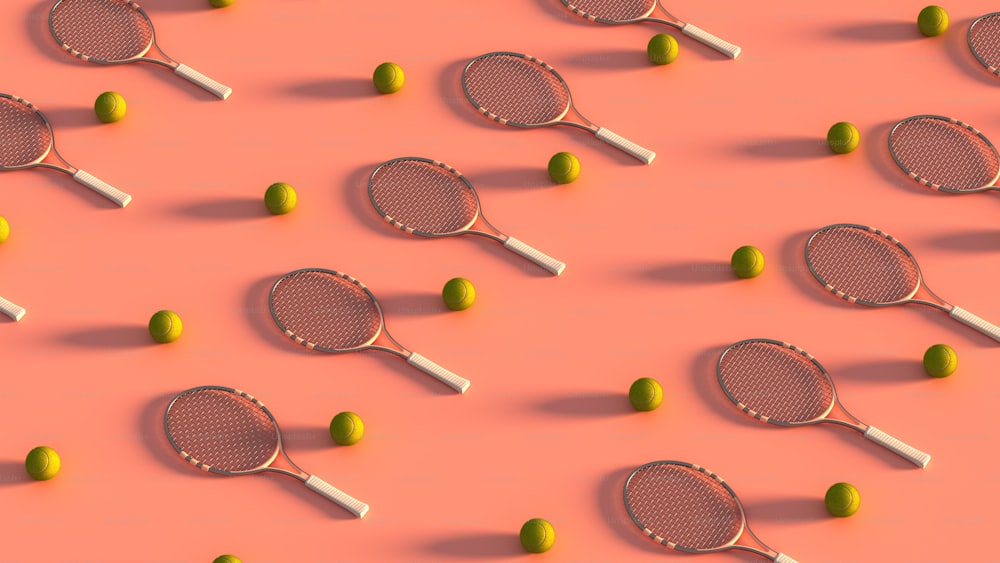 a group of tennis rackets and balls on a pink background