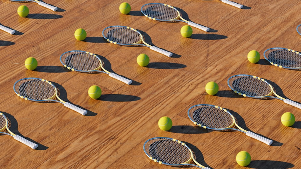 a group of tennis rackets and balls on a wooden surface