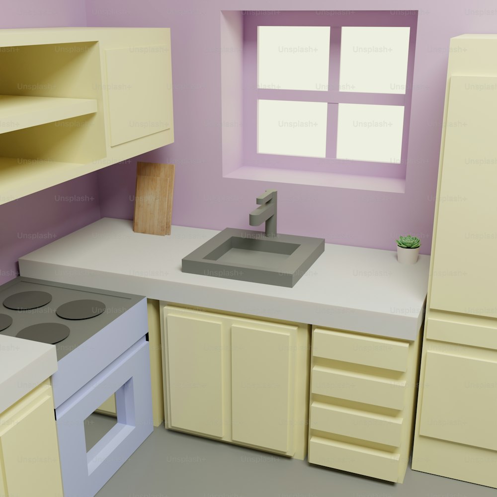 a model of a kitchen with a sink and stove