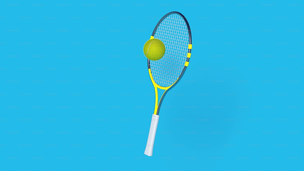 a tennis racket and a ball on a blue background