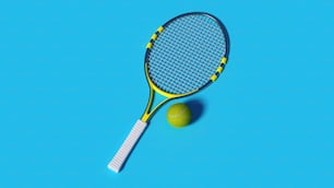 a tennis racket and ball on a blue background