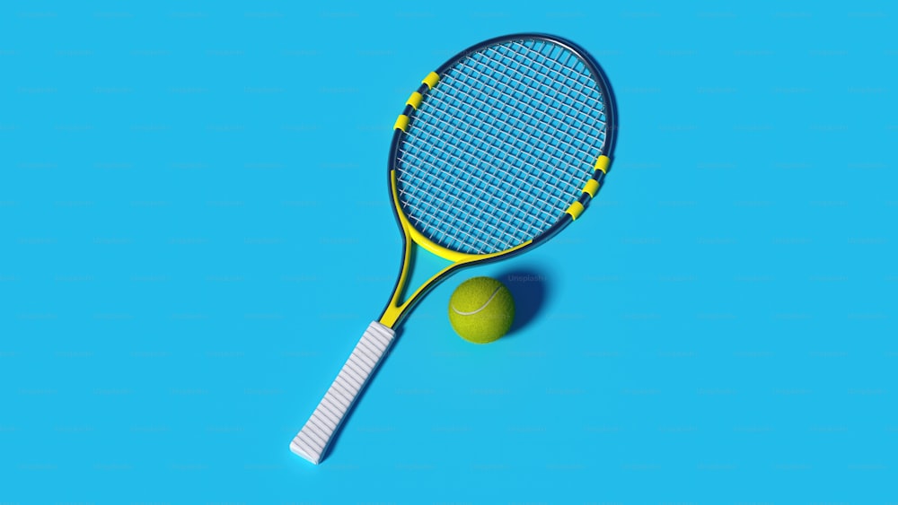 a tennis racket and ball on a blue background
