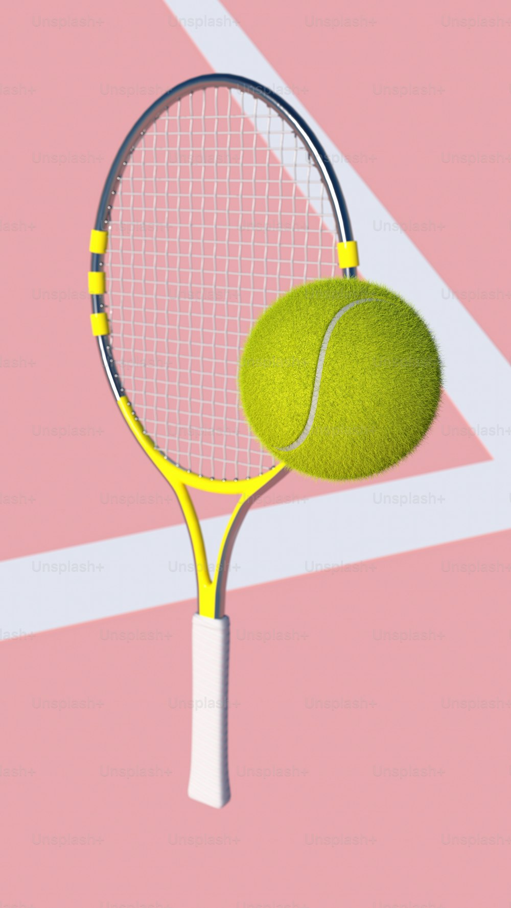 a tennis racket and a tennis ball on a pink background