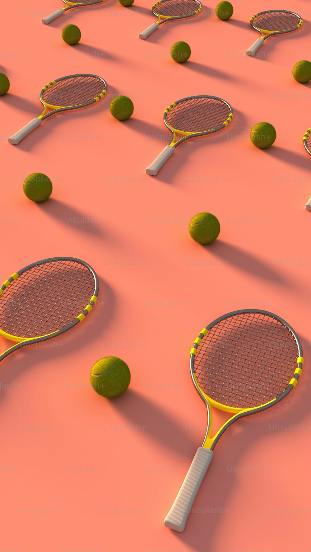 a group of tennis rackets and balls on a pink surface
