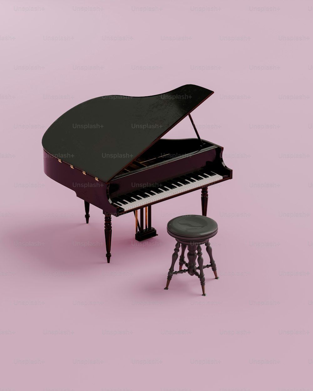 un piano negro y un taburete sobre un fondo rosa