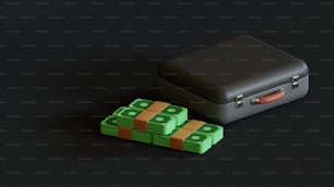 Una valigia e quattro pile di soldi su sfondo nero