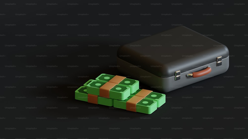 uma mala e quatro pilhas de dinheiro em um fundo preto