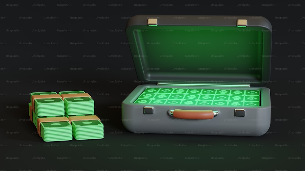お金の山の横に緑色の蓋が付いたスーツケース