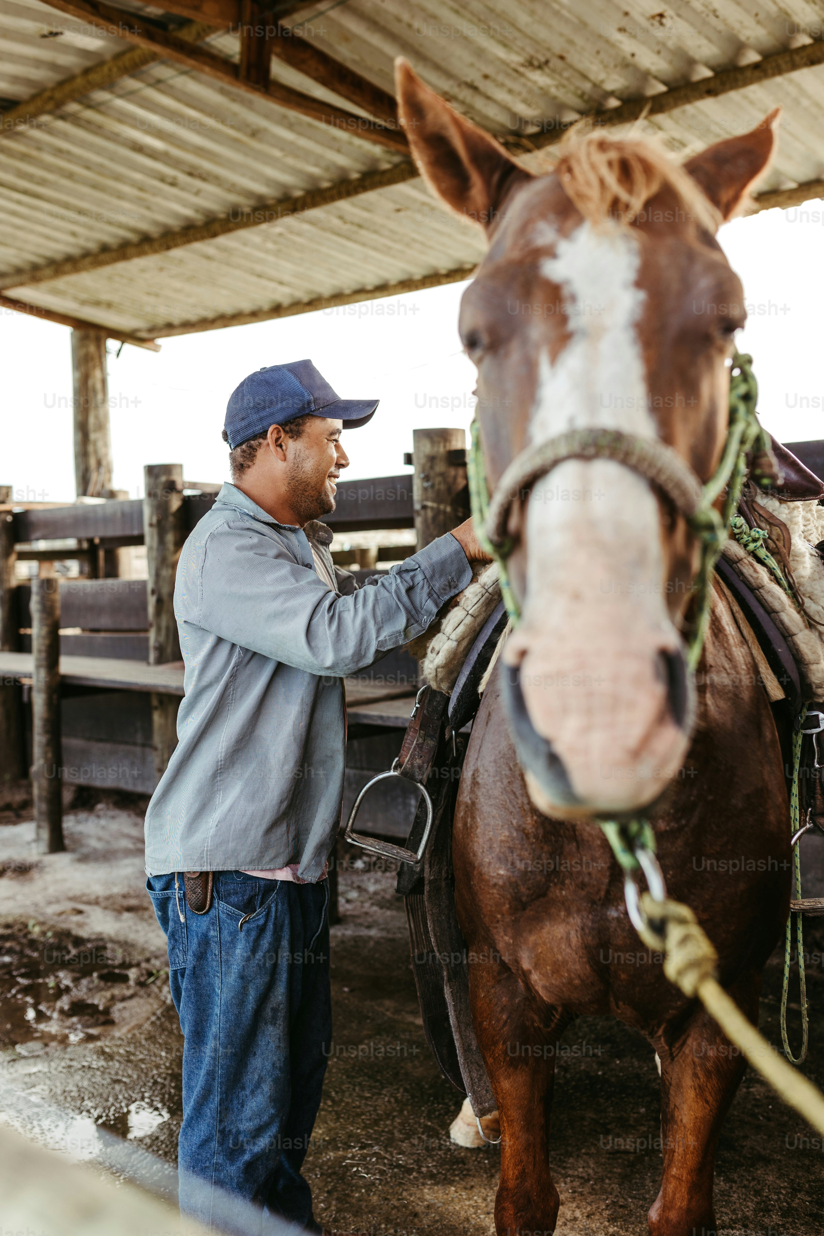 a man standing next to a brown and white horse
