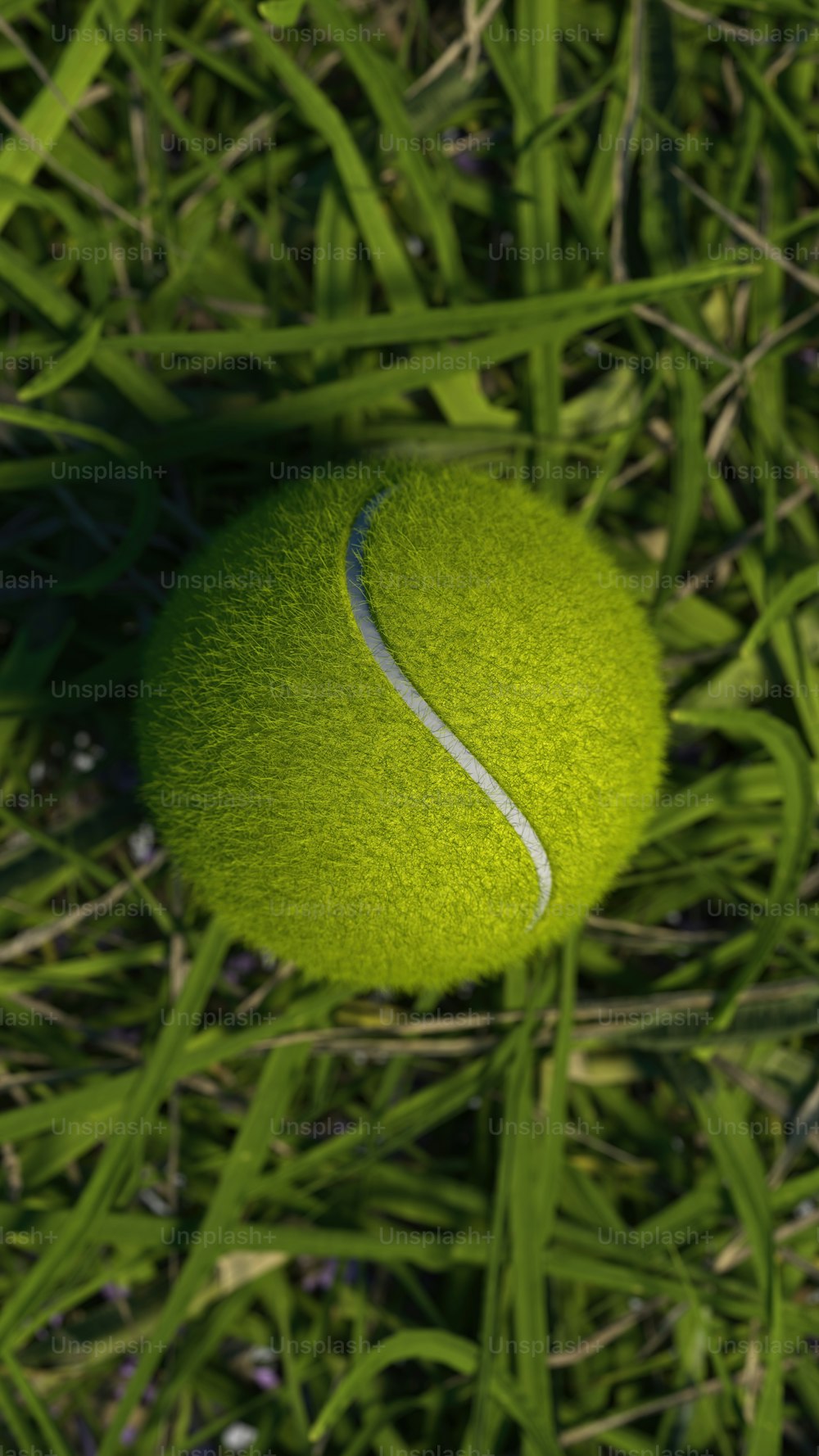 a tennis ball laying on top of a lush green field