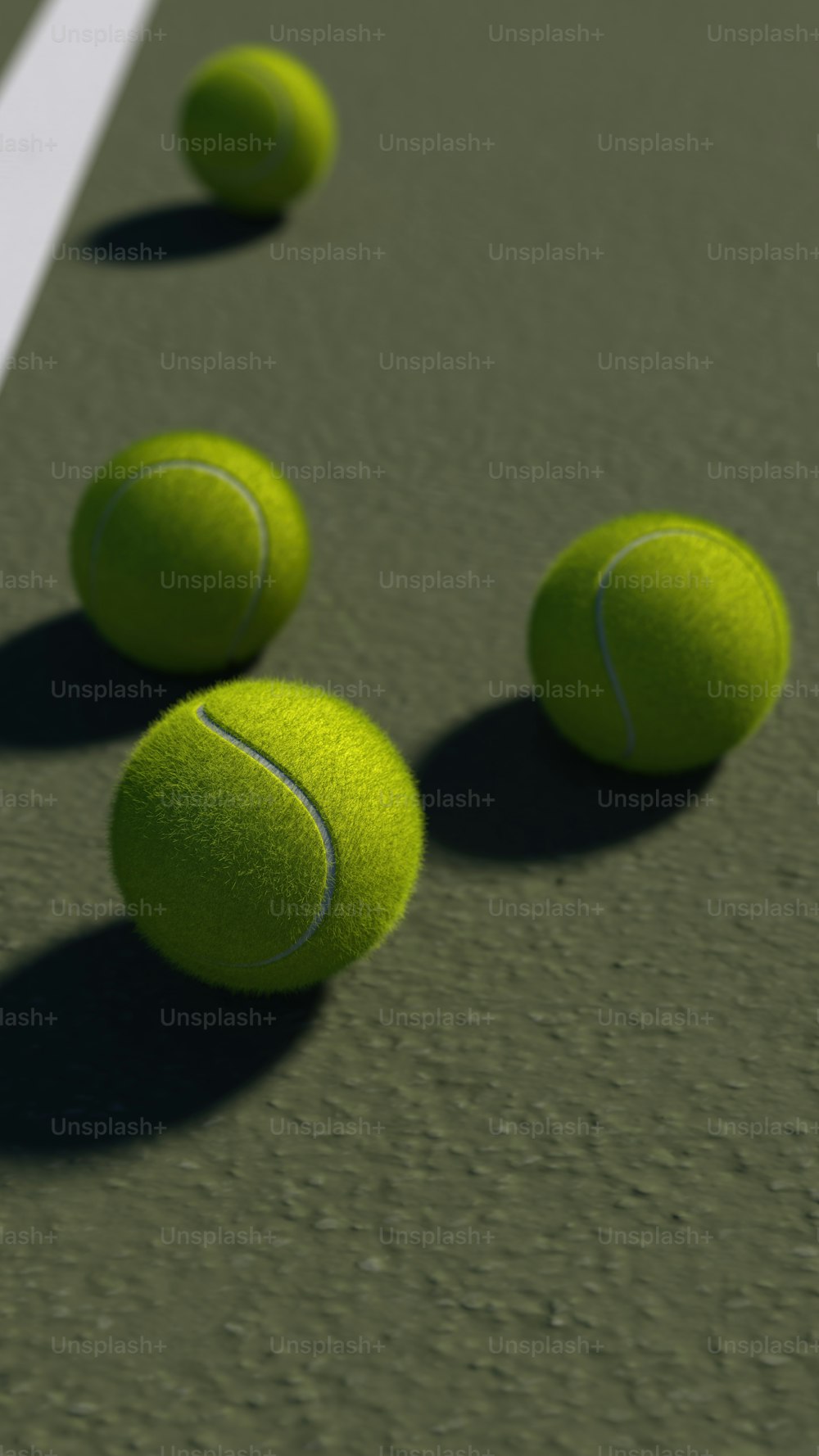 a group of tennis balls laying on a tennis court