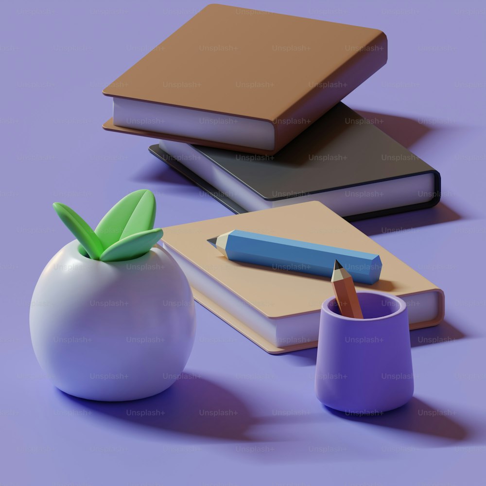 a white vase with a green plant in it next to a stack of books