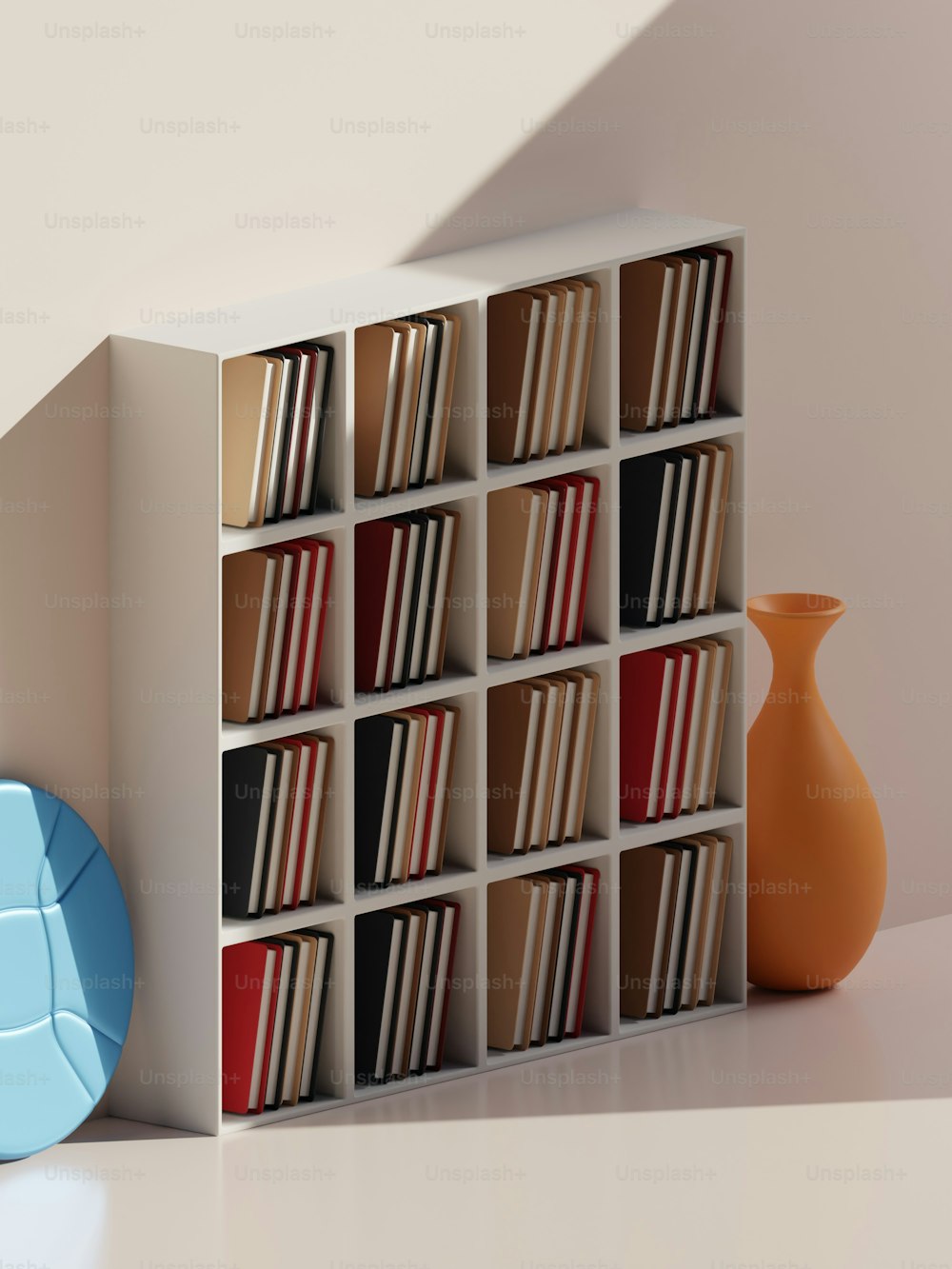 a book shelf with a vase and a vase on a table