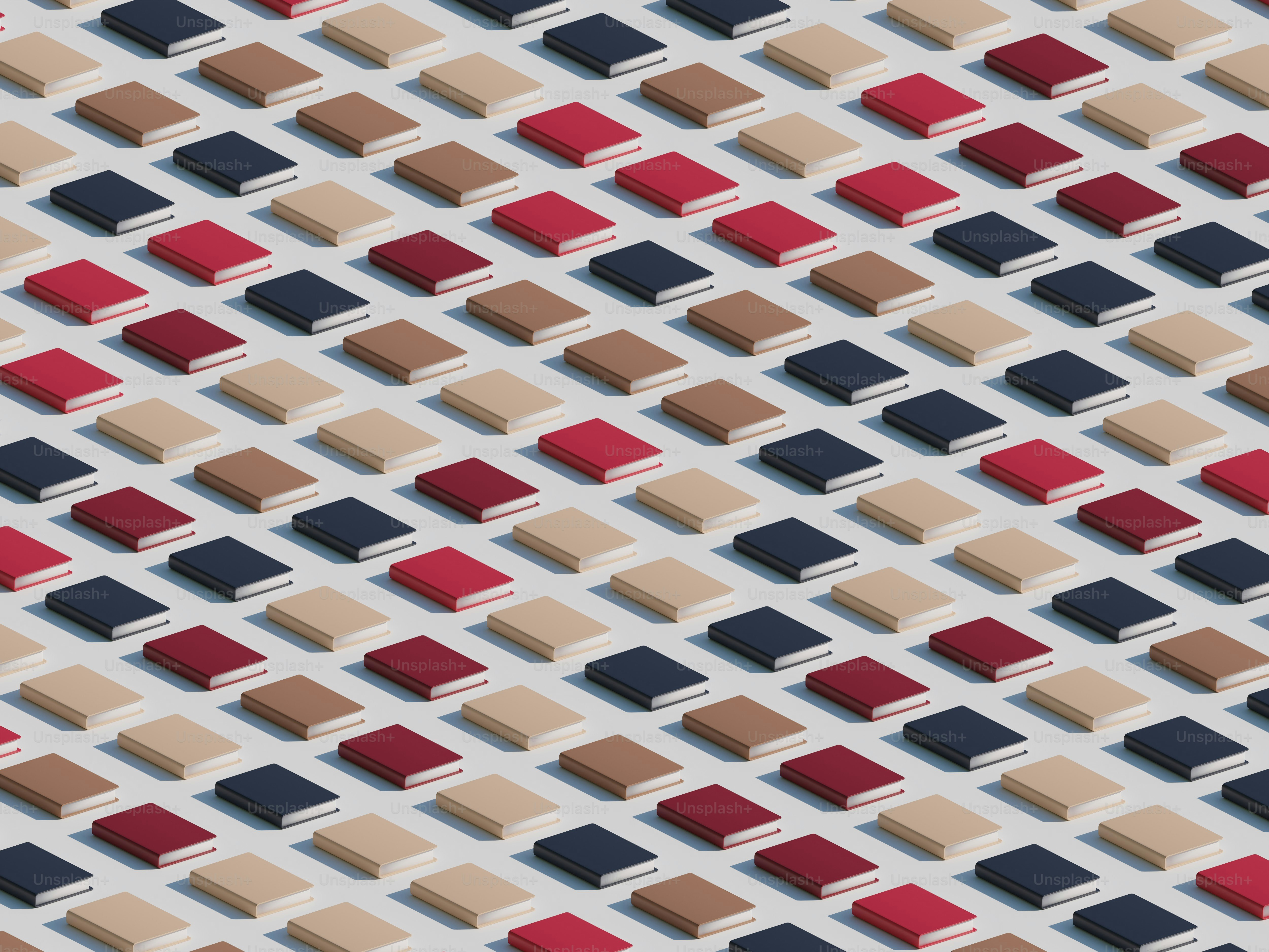 Ein Muster aus roten, braunen und blauen Büchern