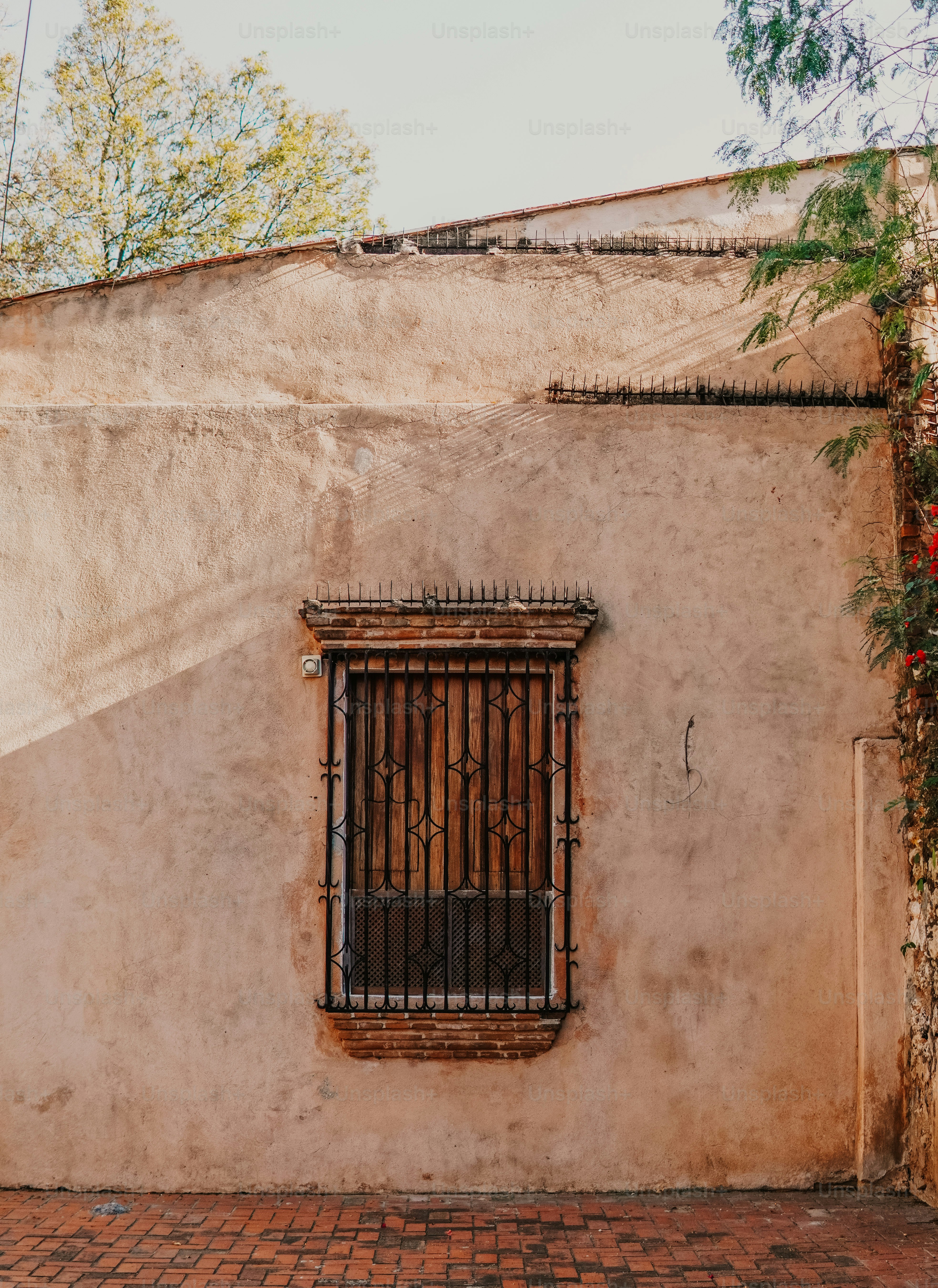 a window with bars on the side of a building