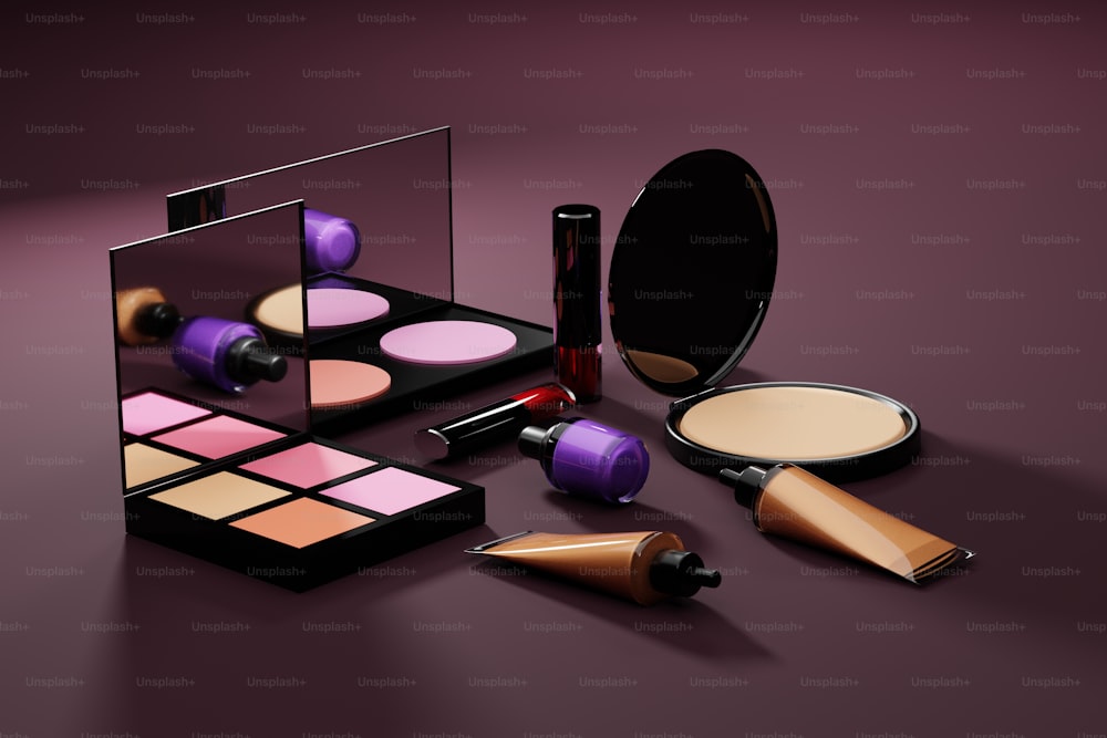 a collection of cosmetics and makeup products on a purple surface
