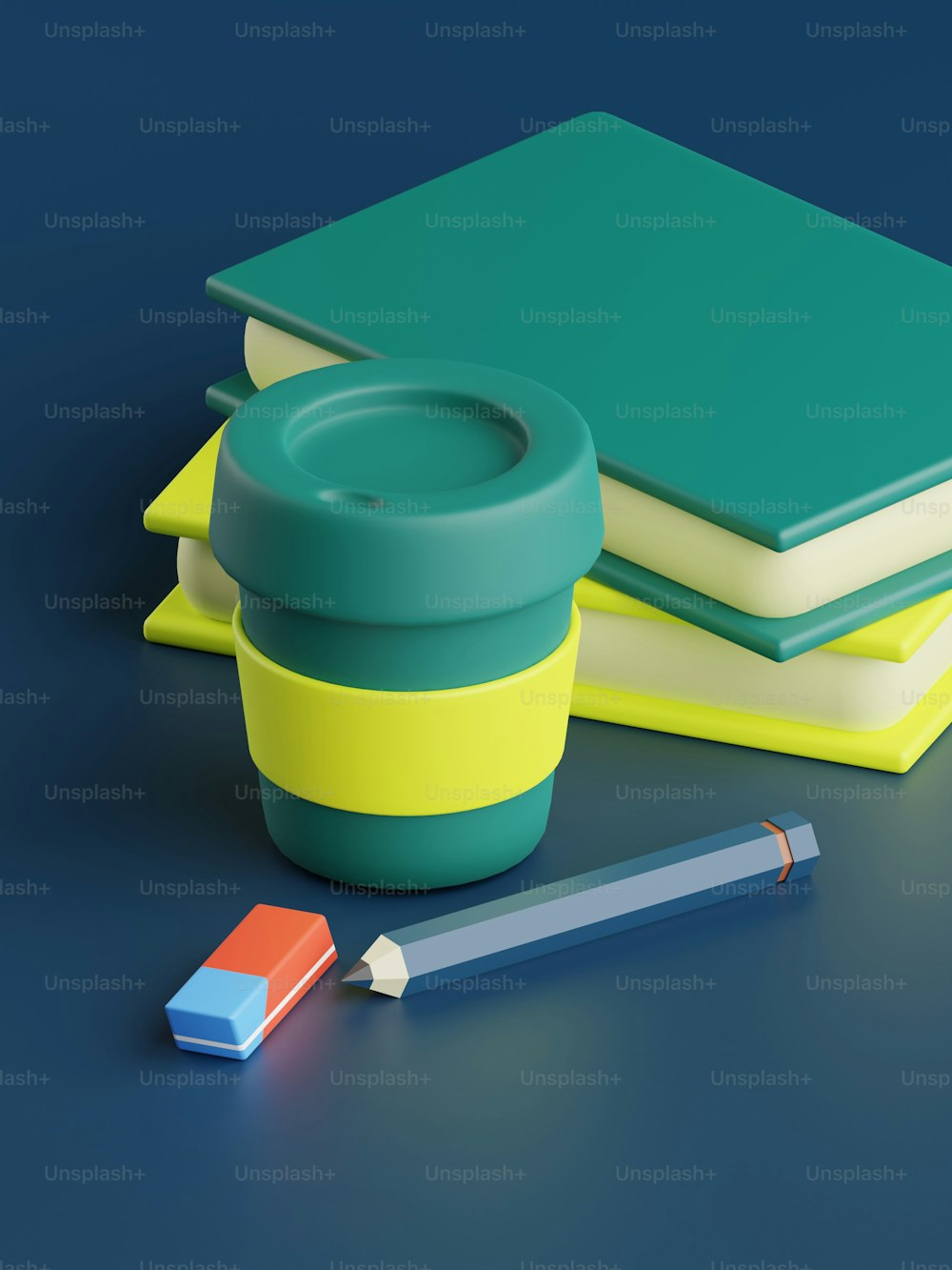 탁자 위의 책 더미, 컵, 연필
