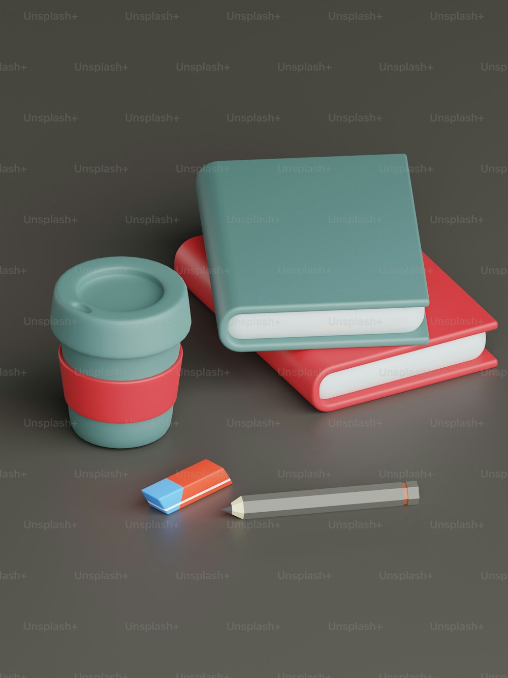 탁자 위의 책 더미, 컵, 연필