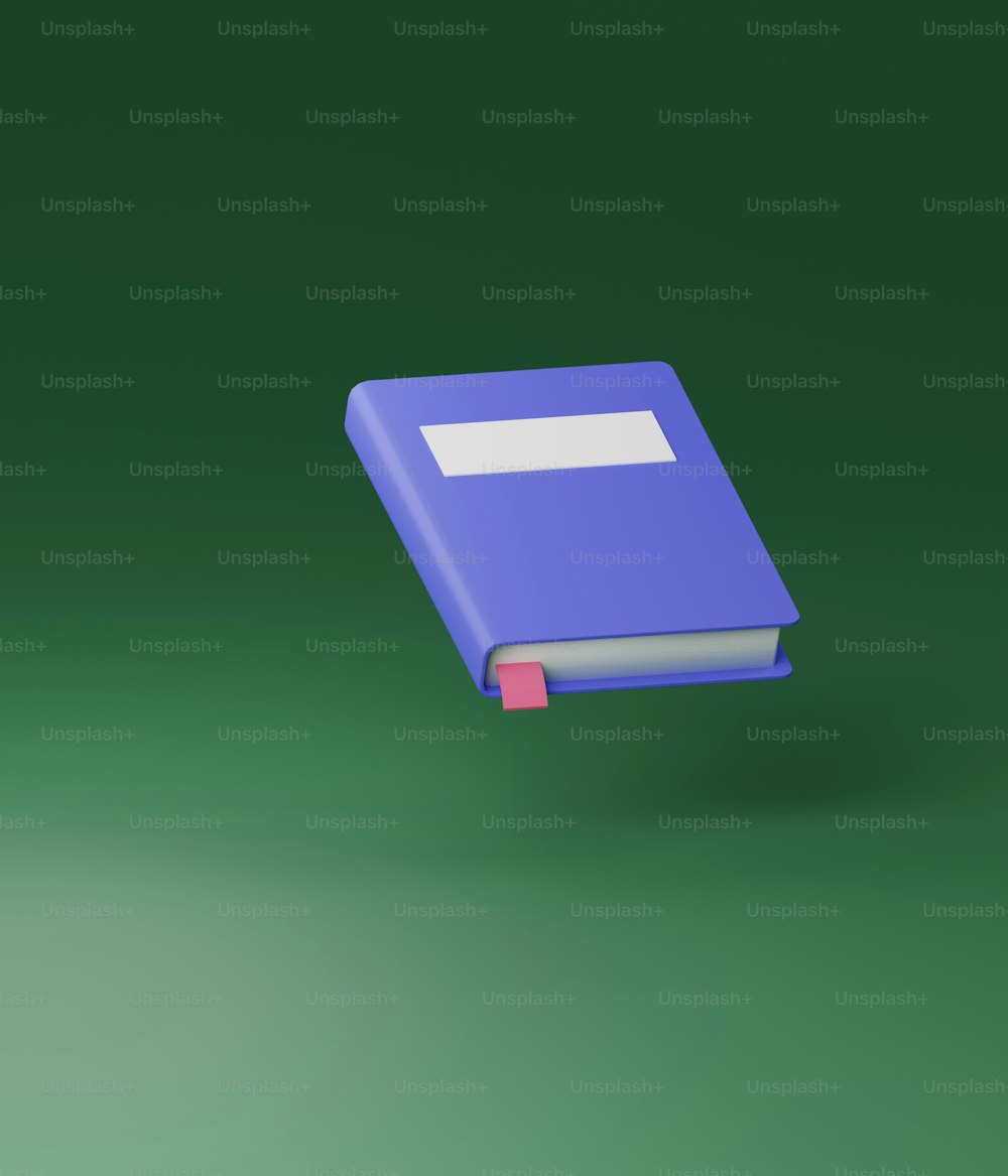 Un libro blu con un angolo rosso su sfondo verde