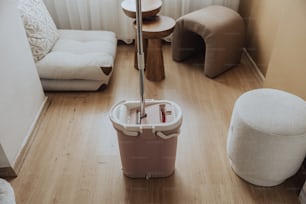 a room with a couch, a chair, and a mop in it