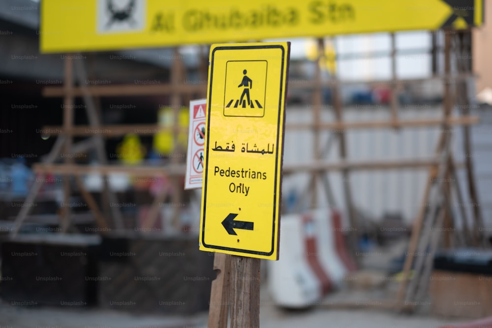 a yellow sign that is on top of a wooden pole