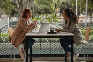 two women sitting at a table talking to each other