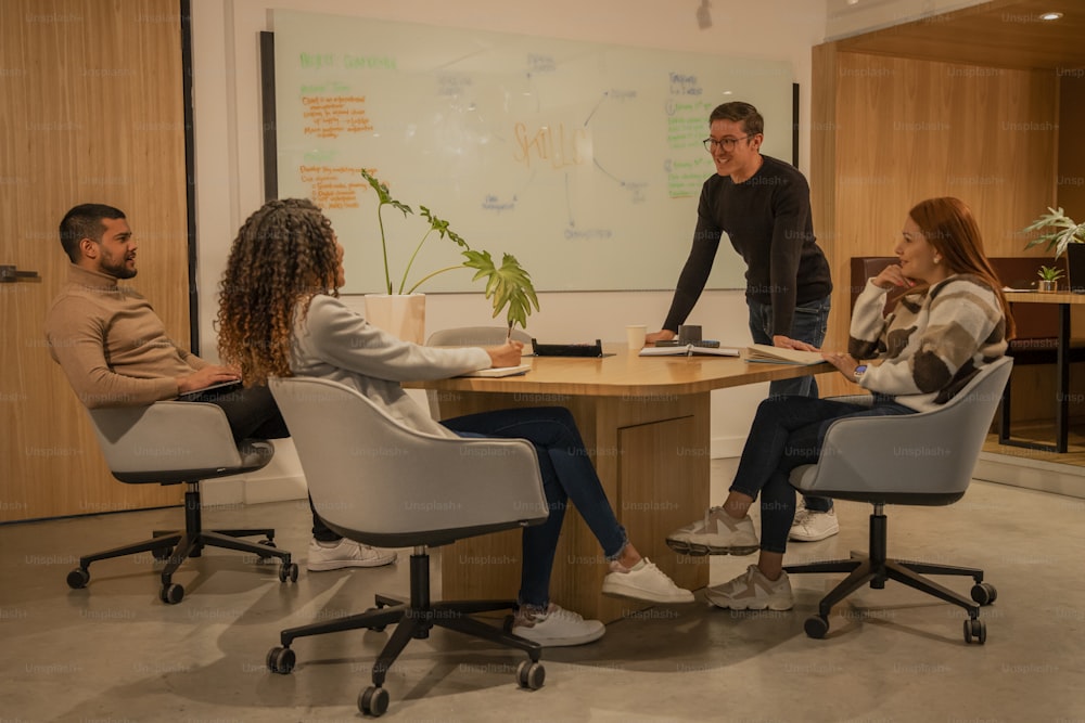 a group of people sitting around a wooden table