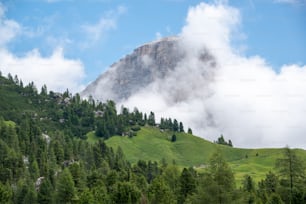 uma montanha coberta de nuvens e árvores em um dia ensolarado