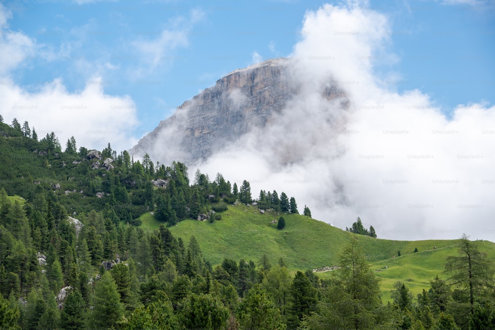 Une montagne couverte de nuages et d’arbres par une journée ensoleillée