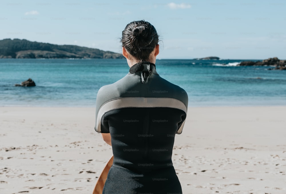 a woman in a wet suit sitting on a beach
