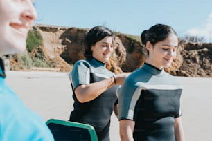 two women in wetsuits standing on the beach