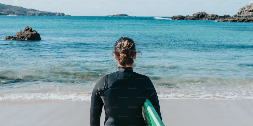 a woman in a wet suit holding a surfboard