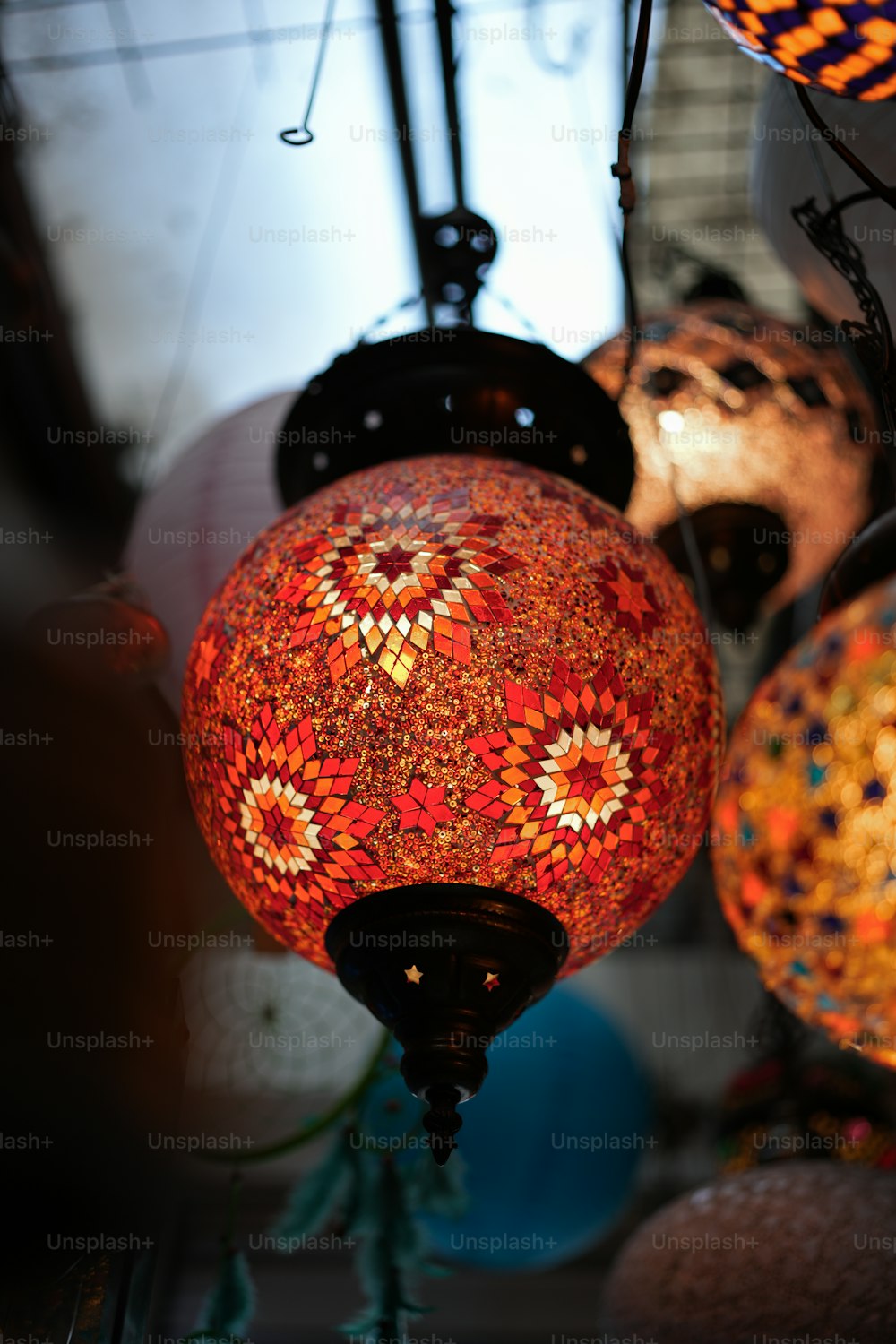 a close up of a colorful light fixture