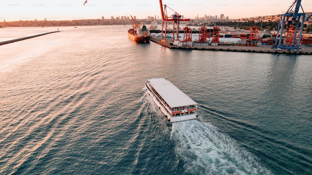 a boat traveling down a body of water