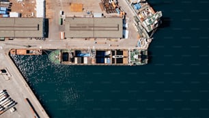 an aerial view of a cargo ship docked at a dock