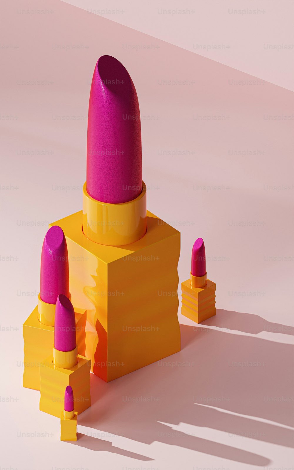 Una representación 3D de un lápiz labial púrpura y amarillo