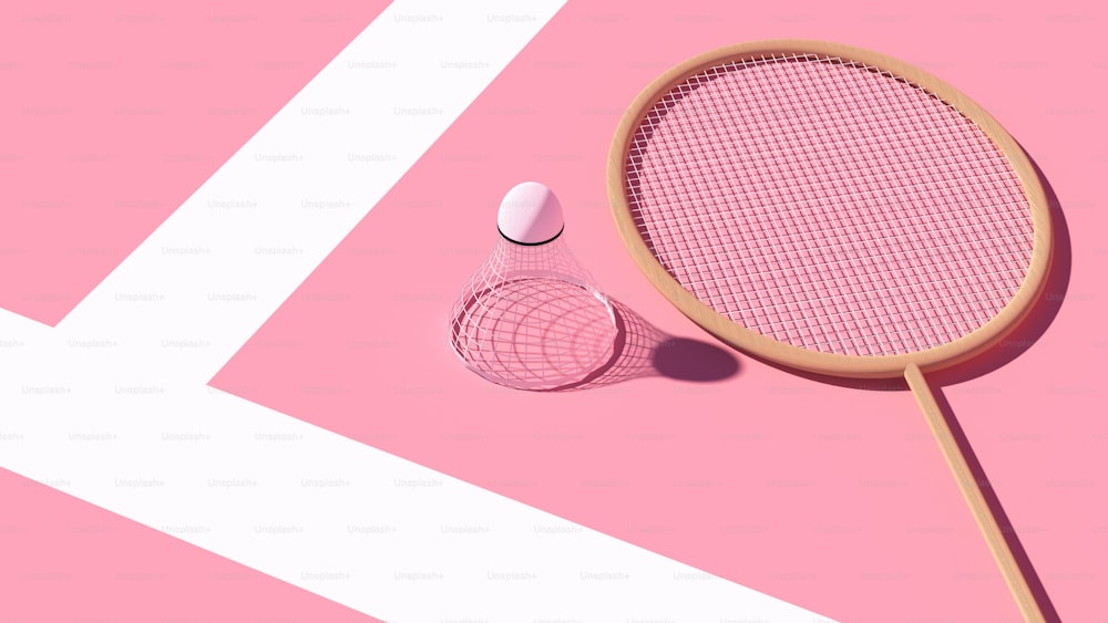 uma mesa rosa com uma raquete de tênis e uma garrafa