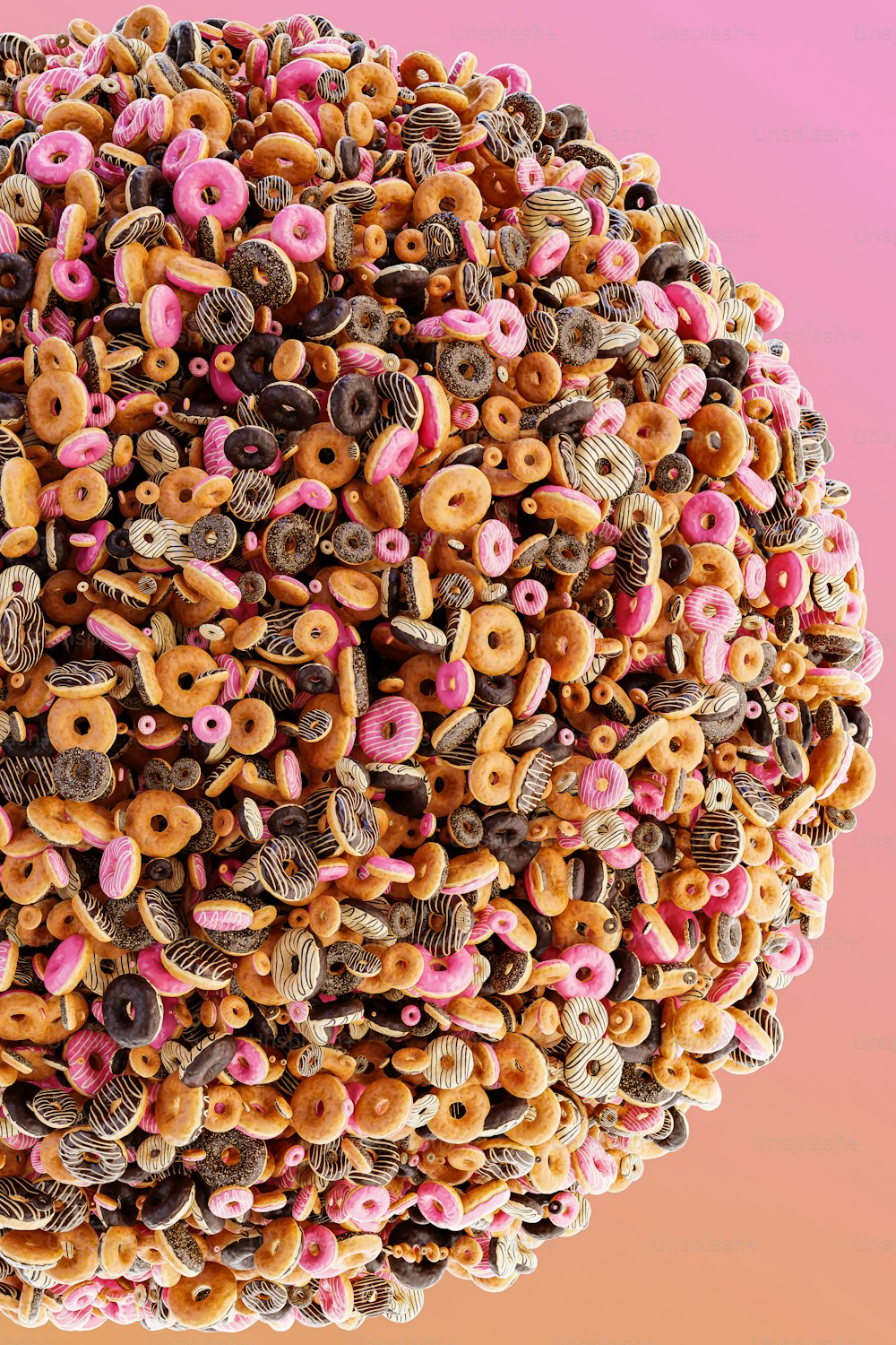 um monte de donuts que estão na forma de uma bola