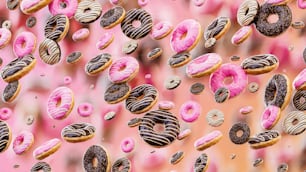 a group of donuts with pink frosting and sprinkles