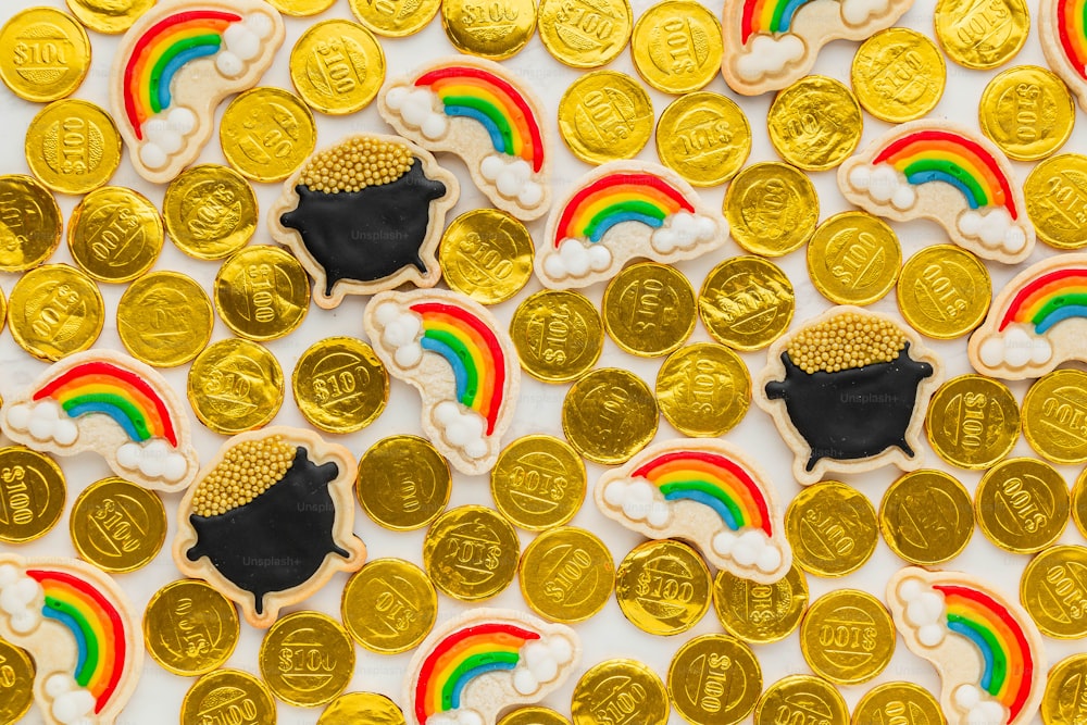 a table topped with lots of gold coins