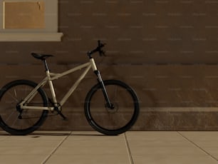a white bike parked in front of a wall