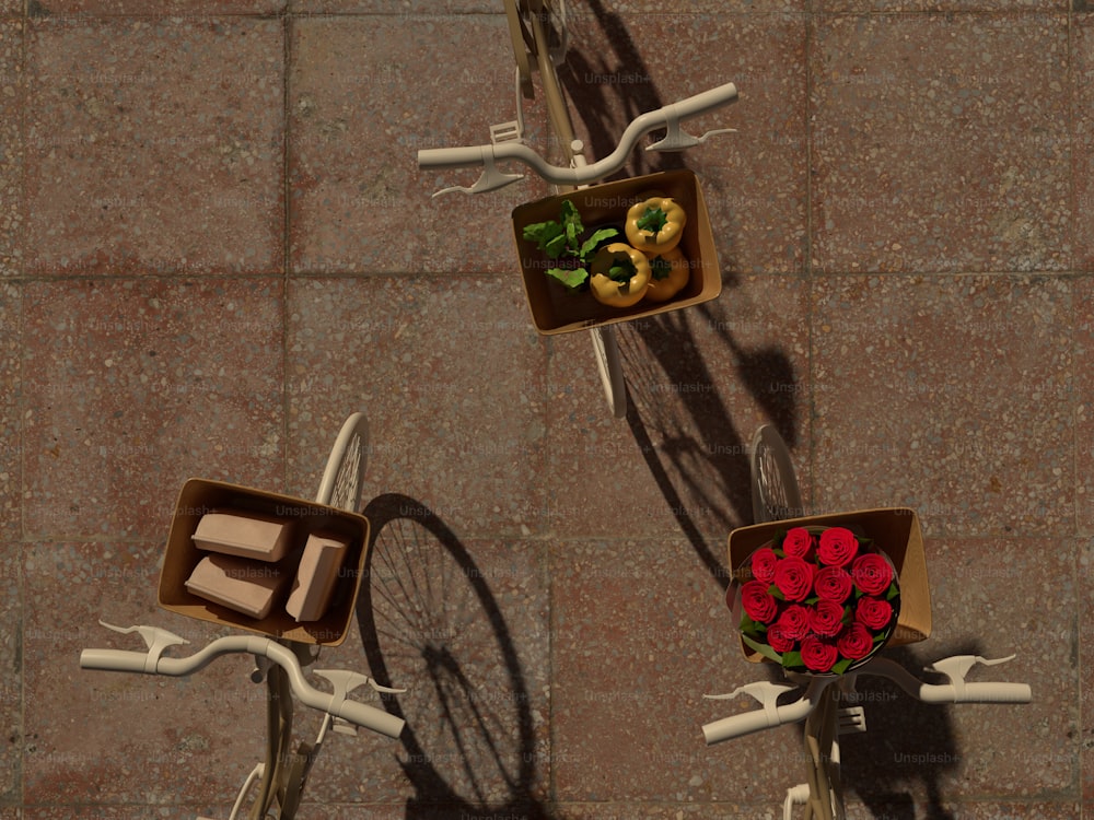 Tres cajas de rosquillas y rosas en bicicleta
