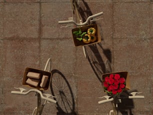 Tre scatole di ciambelle e rose su una bicicletta