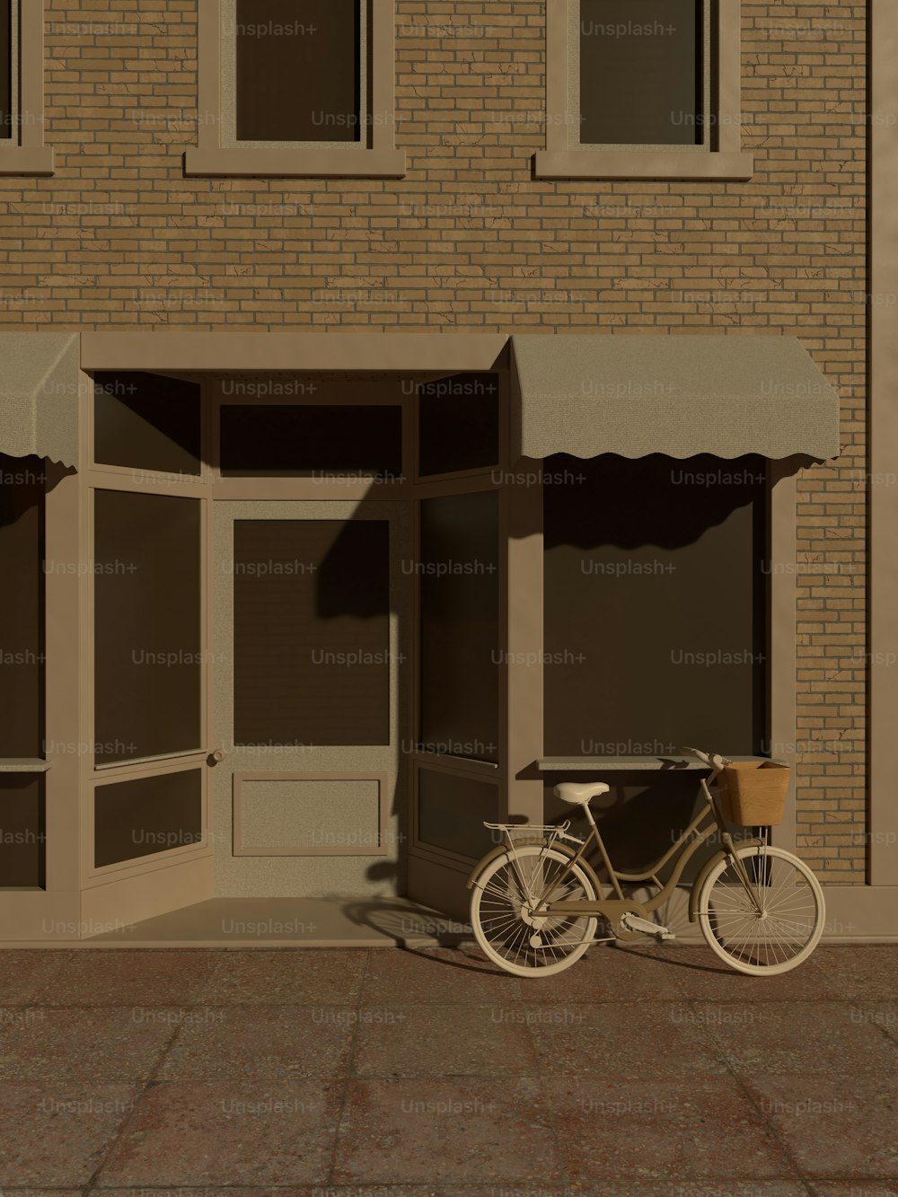 a bicycle parked in front of a brick building