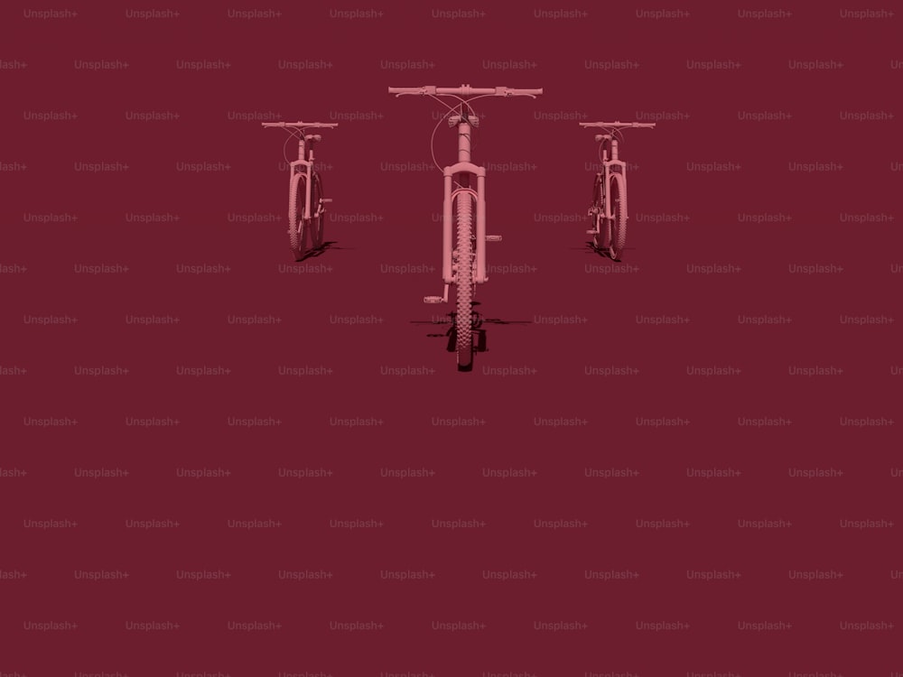 three bicycles are shown against a red background