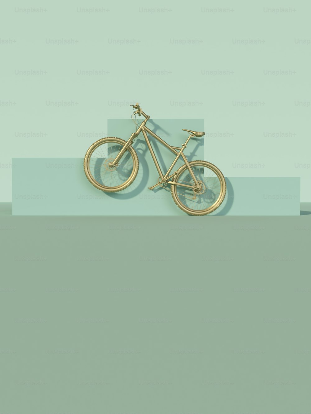 uma bicicleta dourada é mostrada em um fundo azul e verde