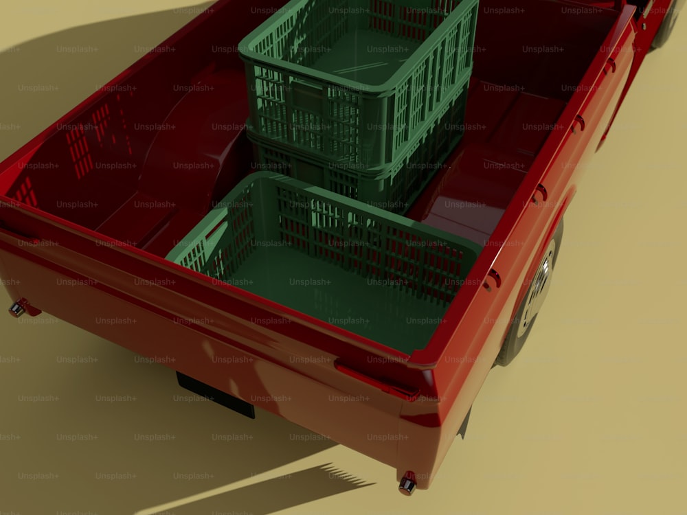 un carrello rosso con tre cestini verdi