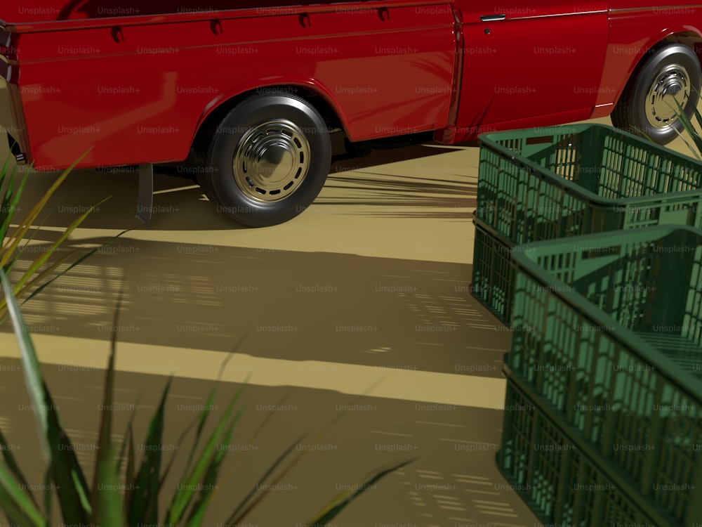 緑の木枠の横に駐車された赤いトラック